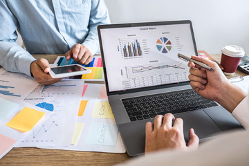 Business team casual presentation conference on meeting to planning investment project working and strategy of business making conversation with partner, financial and accounting concept