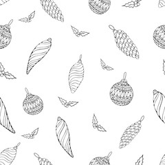 Christmas/New Year seamless pattern from decorated balls and branches with leaves and berries on white background. Hand drawing illustration.
