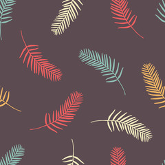 Leaves, abstract colors on dark brown background. Vector seamless pattern.