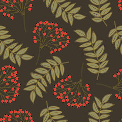 Rowan branches and leaves on brown background. Vector seamless pattern.