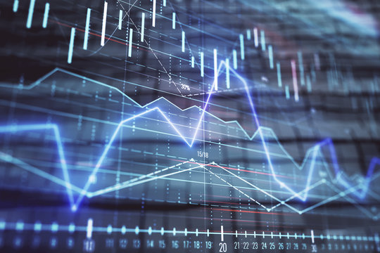 Financial chart hologram with abstract background. Double exposure. Concept of market analysis