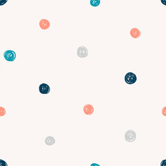 Polka dot, circles hand drawn vector seamless pattern. Circular geometrical simple texture. Multicolored Scribble hand drawn shapes on light background. Minimalist abstract wallpaper, background