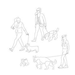 Set of three girls walking with dogs on a leash. Isolated on white background. Flat style cartoon stock vector