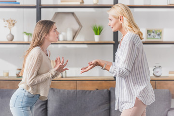 side view of mother and daughter quarreling while standing in living room