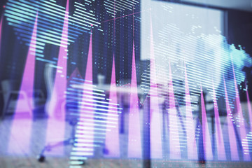 Forex chart hologram with map and minimalistic cabinet interior background. Double exposure....