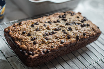 A freshly baked banana bread fresh out of the oven