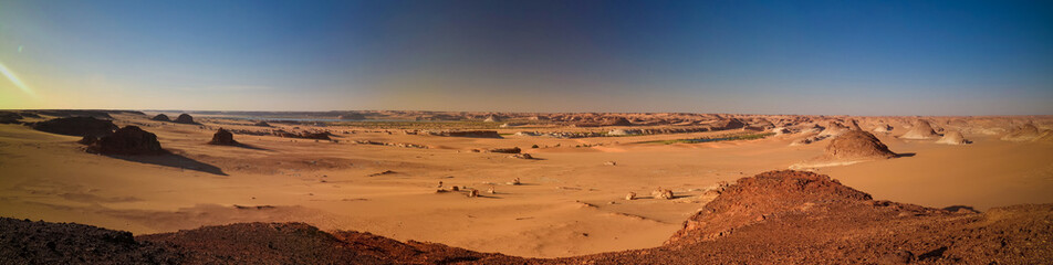 Panoramic Aerial view to Djiara, Ahoita, Daleyala and Boukkou lakes group of Ounianga Serir lakes at the Ennedi, Chad