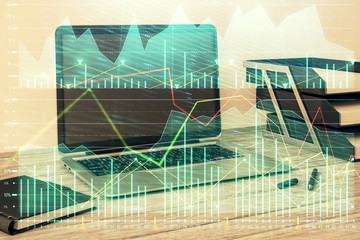 Stock market chart and desktop office computer background. Multi exposure. Concept of financial analysis.