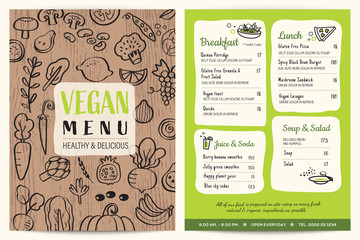 Vegan restaurant menu. Green organic food board vector template. Vegetables doodle on wooden background.