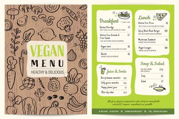 Fotobehang Vegan restaurant menu. Green organic food board vector template. Vegetables doodle on wooden background. © kraphix