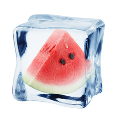 watermelon in ice cube, isolated on white background, clipping path, full depth of field