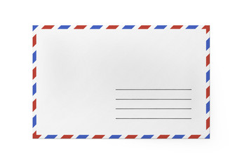 White paper envelope for letter - American Air Mail style with blue and red border. Front side of envelope.