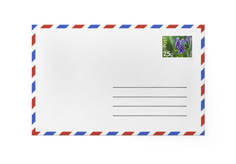 White paper envelope for letter - American Air Mail style with blue and red border. Front side of envelope stamped.