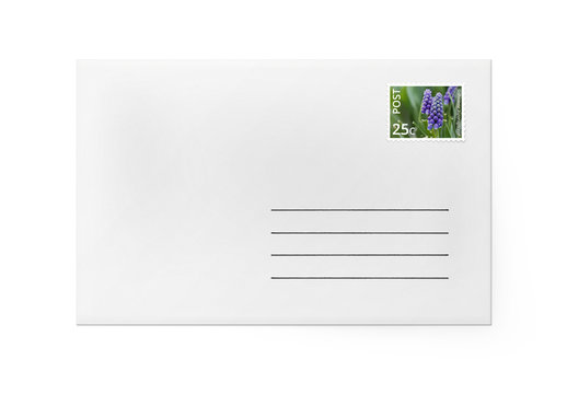 White paper envelope for letter - front side with stamp.