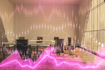 Multi exposure of stock market graph on conference room background. Concept of financial analysis