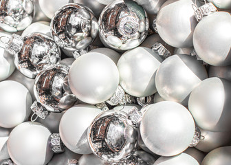 Silver Christmas balls, may use as Background. Close up. Traditional Xmas and Happy New Year Symbol.