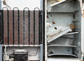 Close up on Old broken refrigerators at an electronic waste centre