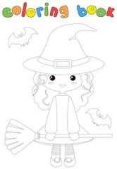Cute cartoon witch with a broom. Coloring book for kids