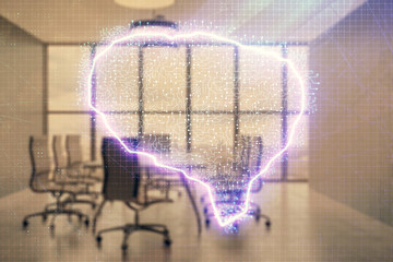 Double exposure of brain drawing hologram on conference room background. Concept of data analysis