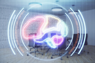 Double exposure of brain drawing hologram on conference room background. Concept of data analysis