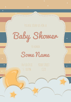 Baby shower invitation card babies boy or girl. Baby frame with boy/girl and stickers on light background. It's a boy or girl.