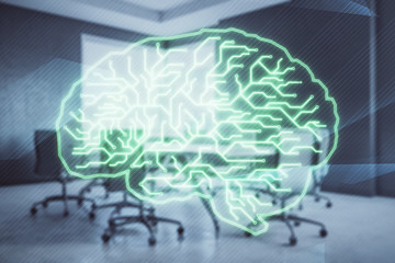 Double exposure of brain drawing hologram on conference room background. Concept of data analysis