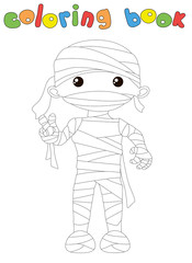 Cute cartoon boy in a mummy costume. Coloring book for kids