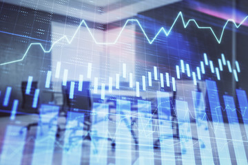Multi exposure of stock market graph on conference room background. Concept of financial analysis