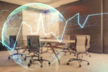 Double exposure of stock market graph with globe hologram on conference room background. Concept of international finance