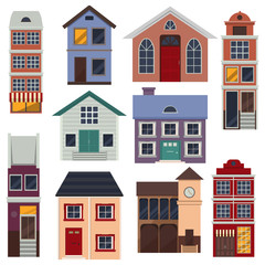 Obraz premium Set of row of different houses along the street. Winter, autumn, spring street. Colorful residential house. Home, building, house exterior, family house, modern house. Flat style vector illustration