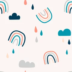 Gardinen Abstrakte Regenbögen handgezeichnetes nahtloses Muster. Bunte ungleichmäßige geometrische Formen kritzeln Zeichnung. Regen lässt Wolkenhintergrund fallen. Geschlechtsneutraler Kinderzimmerhintergrund. Dekorationstextilien, Tapeten, Verpackungen © AngellozOlga