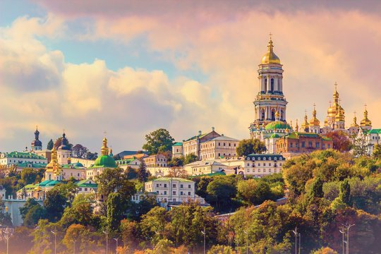 Kiev, Ukraine. Cupolas of Pechersk Lavra Monastery and river Dniepr panoramic city