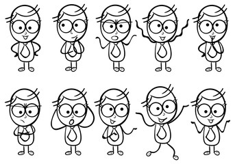 Set of happy cartoon doodle figures with different facial expressions, stick man. Stickman Illustration. Hand Drawn. Business icons with funny stickman.