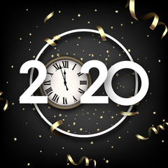 Black happy New Year background with white paper 3d 2020 nubmers and frame.