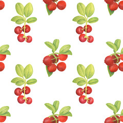 Watercolor cowberry seamless pattern. Hand drawn branches with red berries and leaves on white background. Forest plant for design, cards, invitations, wallpaper, wrapping, textile, food packaging