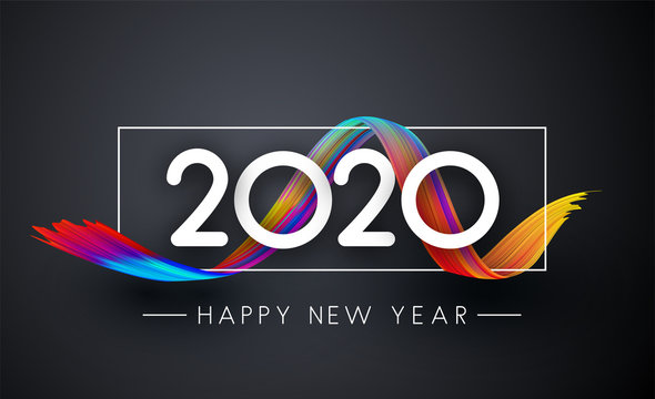 Happy New Year 2019 festive poster with gradient brush stroke on grey background.