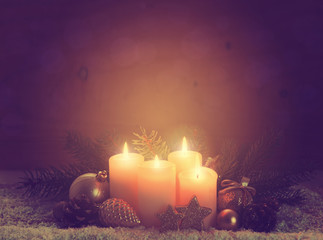Four yellow burning advent candles. Christmas card.