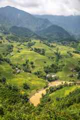 Fototapeta na wymiar Valley between the mountains of Sapa and its rice paddies. Vietnam