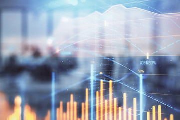 Stock and bond market graph with trading desk bank office interior on background. Multi exposure. Concept of financial analysis