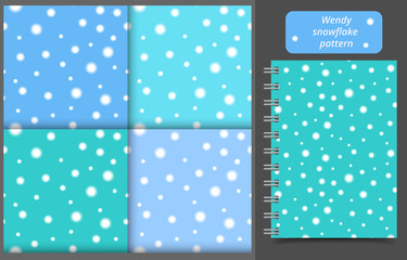 Christmas seamless pattern of light blue colors with snowfall bokeh effects. Vector illustration of repeat winter background for cover, wrapping paper, print, wallpaper, textile design.
