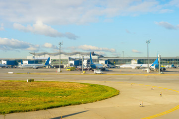 Fototapeta na wymiar Airplanes, passengers, airport Boryspil, Kiev