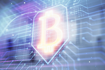 Cryptocurrency theme drawing with office interior background. Double exposure. Concept of blockchain.