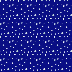 The falling snow background in night. Seamless pattern with doodle snowflakes. Vector festive background for printing, website, fabric, poster, cards. Abstract blue wallpaper with white dots. 