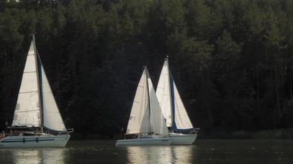 Three yachts on a lake in Kaszubski park krajobrazowy in Pomeranian Voivodeship.