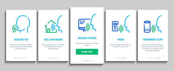 Voice Control Onboarding Mobile App Page Screen Vector Thin Line. Voice Controlling Smart House And Car, Laptop And Smartphone Concept Linear Pictograms. Contour Illustrations