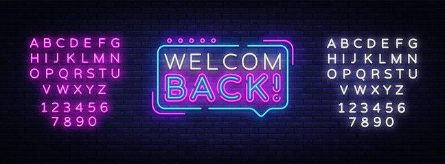 Welcome Back Neon Text Vector. Welcome Back neon sign, design template, modern trend design, night signboard, night bright advertising, light banner, light art. Vector. Editing text neon sign