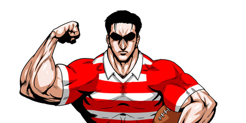 ラガー,ラグビー,スポーツ,日本代表,劇画,漫画,筋肉,ボディビル,マッチョ,ポーズ,正面,白背景,