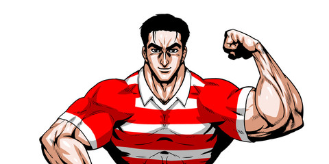 ラガー,ラグビー,スポーツ,日本代表,劇画,漫画,筋肉,ボディビル,マッチョ,ポーズ,正面,白背景,