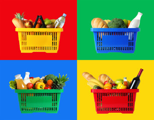 Collage of shopping baskets with grocery products on color backgrounds
