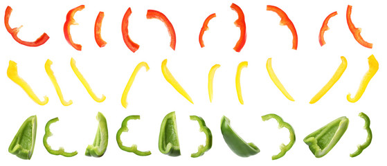 Rings of ripe bell peppers on white background